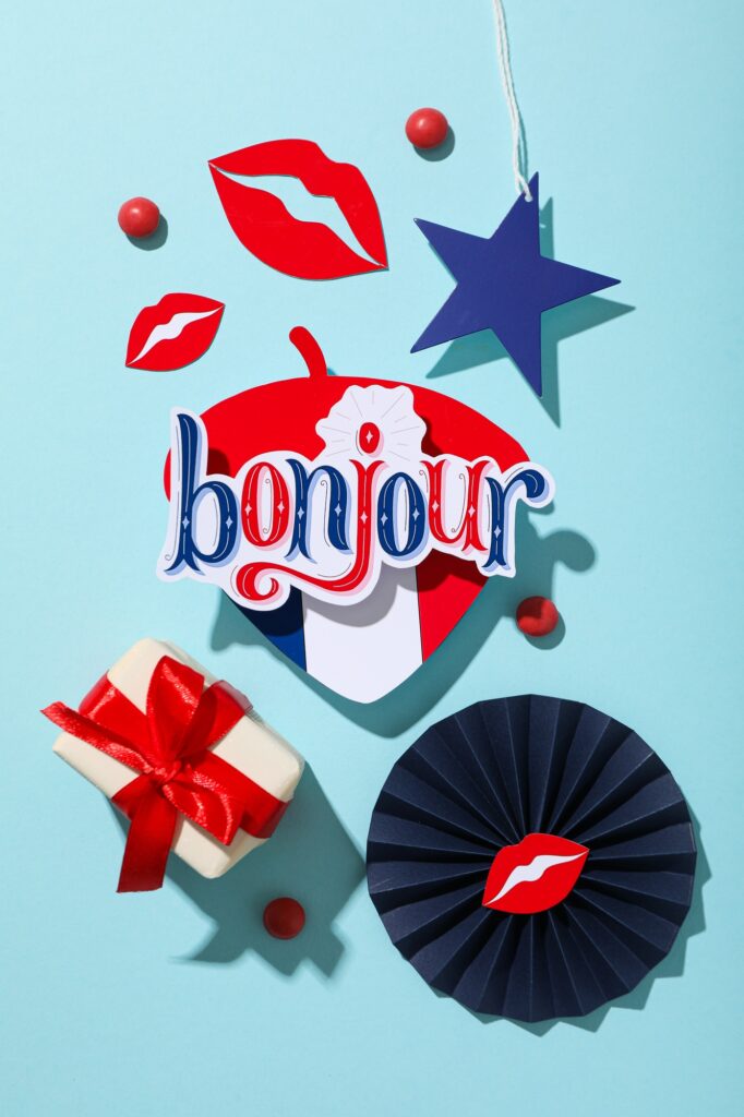 Flag of France and other symbols on a blue background.